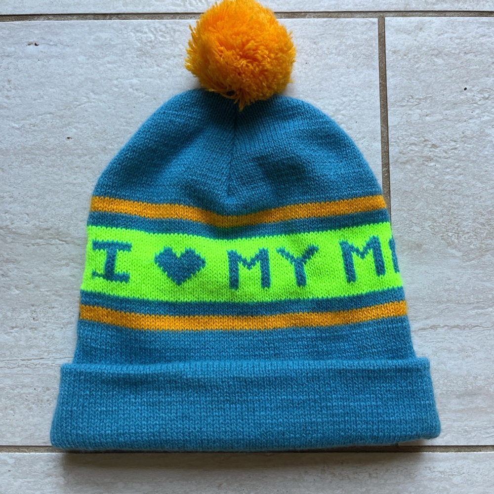 I Heart Mammoth Pom Pom Beanie Yellow Blue Green Retro Ski Hat